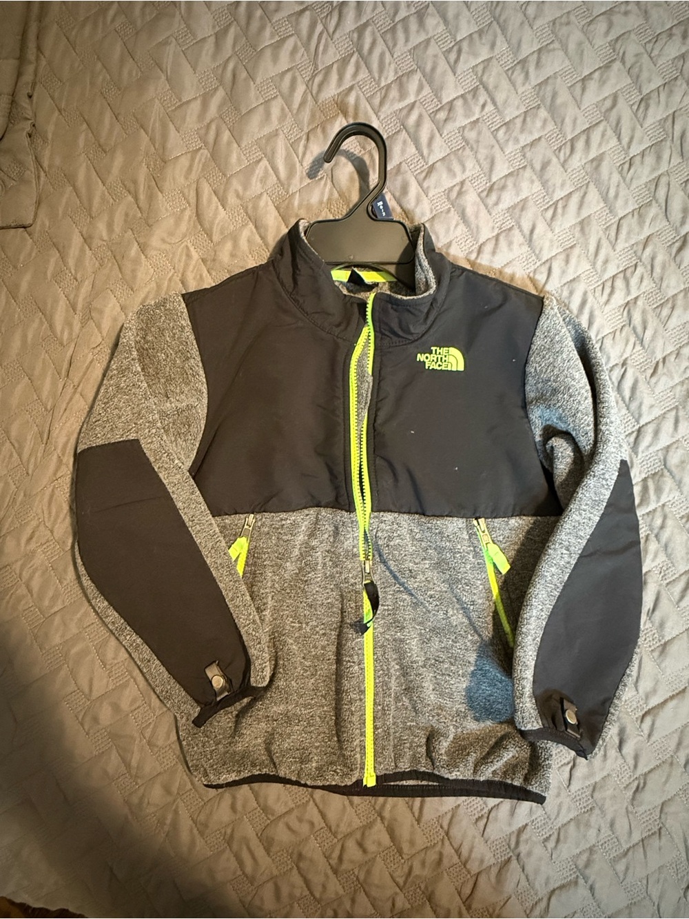 The North Face Kids Grey & Black Fleece Jacket with Neon Yellow Accents